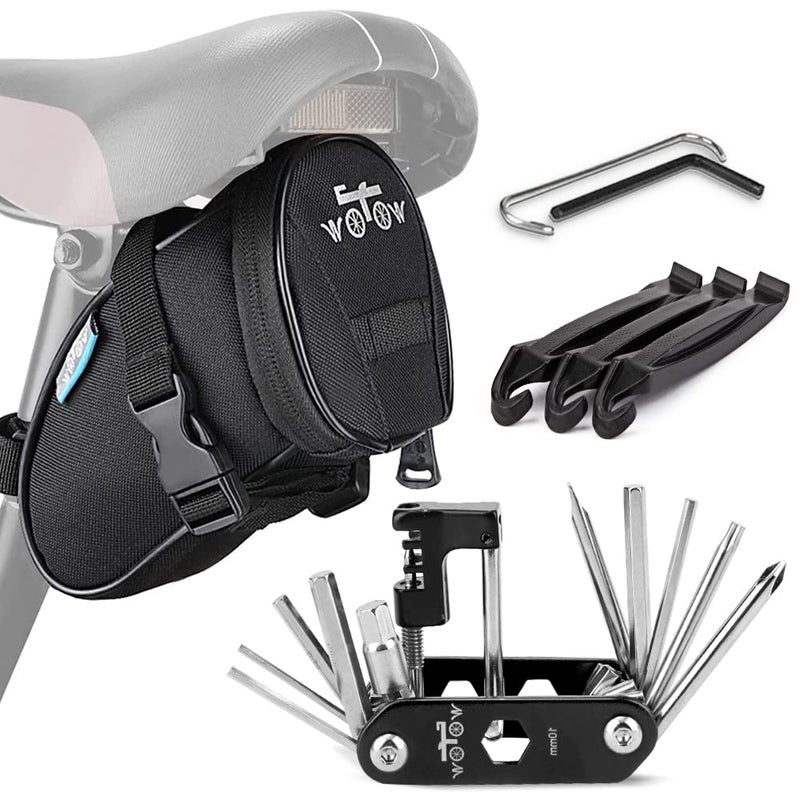 WOTOW Bike Repair Tool Kit & Bike Saddle Bag, 14 in 1 Bike Chain Tool Hex Key Wrench Maintain Accessories Multitool Set with Portable Under Seat Bag for Road Mountain Commuter Bicycle(Black) - Image 1